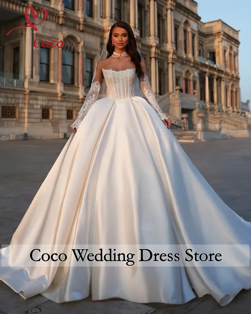 Customized Detachable Long Sleeve Shawl Lace Up Back Full Beads Sequins Appliques 2 Pieces Shiny Ball Gown Wedding Dresses