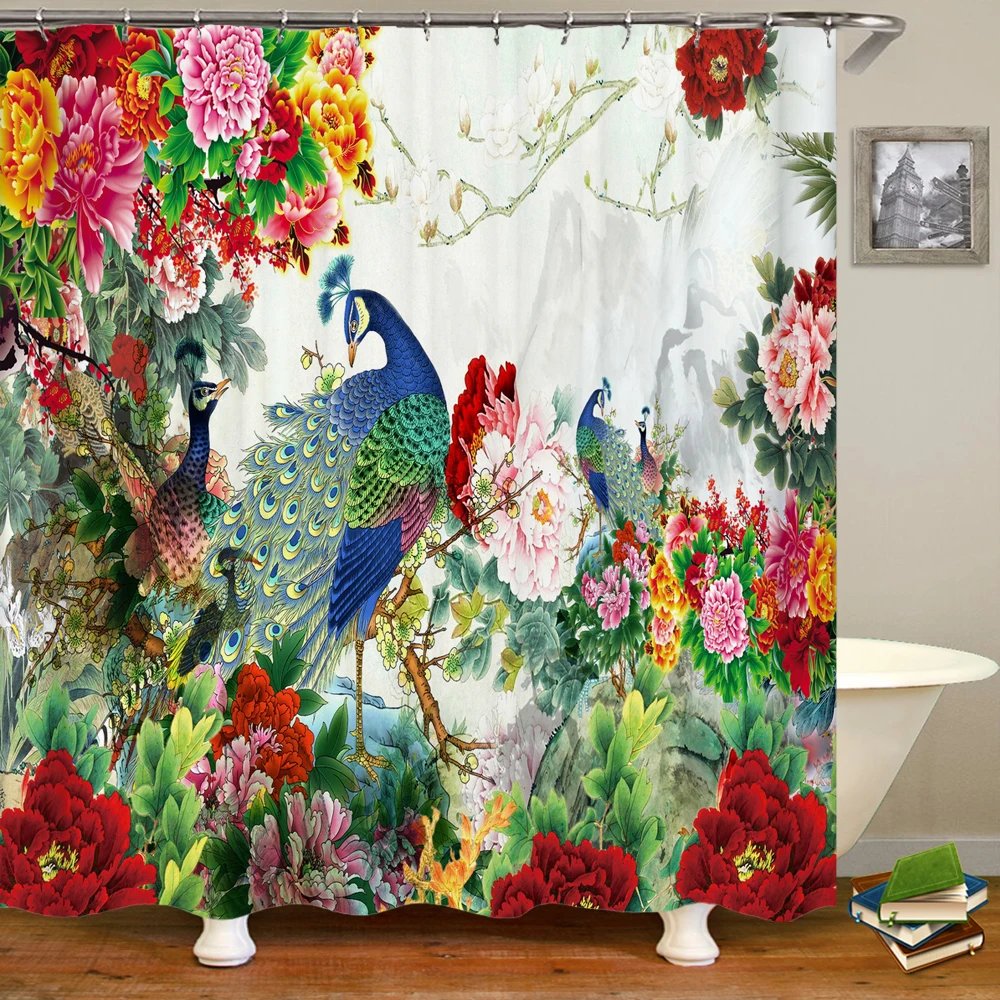 

Flower and Bird Shower Curtain Retro Chinese Flower and Bird Peacock art Painting Creative Shower Curtain Fabric Bathroom Decora