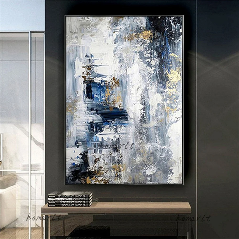 

Hot Sell 100% Handmade Abstract Oil Painting On Canvas Classic Blue And Gold Texture Wall Art For Living Room Home Decor Mural