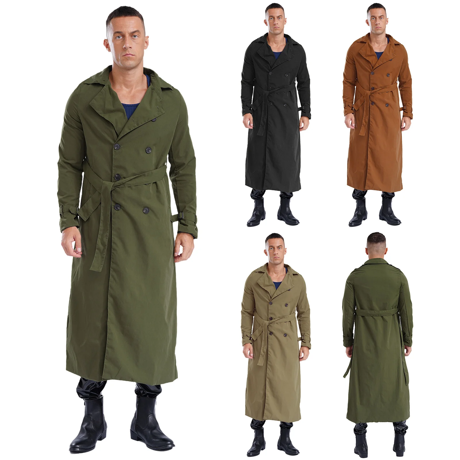 Men Stylish Open Front Long Trench Coat Casual Notched Lapel Long Sleeve Maxi Jacket Overcoat with Belt for Autumn Spring Coat