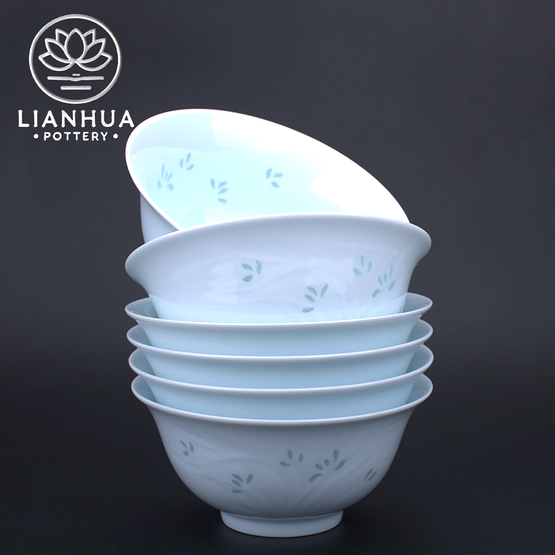 

LIANHUA POTTERY Linglong Porcelain Bowl Set of 6 Celadon Glaze Orchid Relief Design for Home Kitchen Dinner Housewarming Gift
