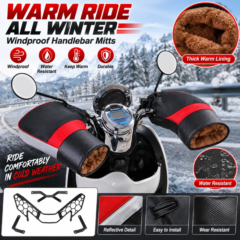 Winter Motorcycle Handlebar Mitts Warm Windproof Waterproof Handlebar Gloves Thick Thermal Hand Covers for Scooter Electric Bike