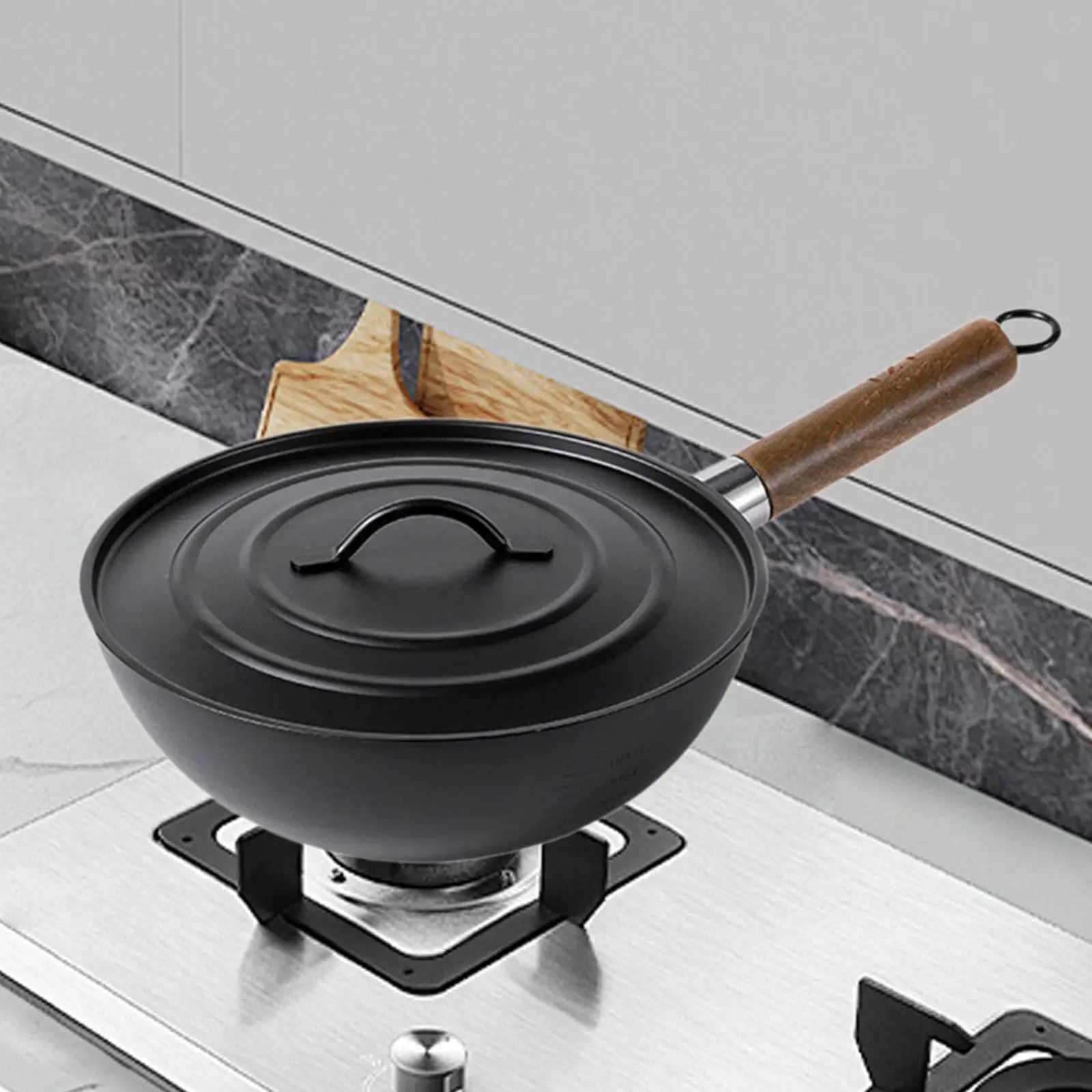 

Wok Pan Home Nonstick Coating Wood Handle Boiling Handmade Sautee Pans Pots Non Stick Skillet General Cooking with Lid Iron Wok