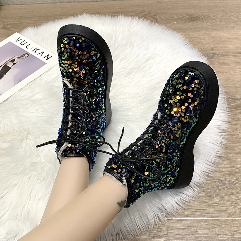 Winter Platform Boots Women Shoes Bling Dazzling Colorful Chunky Heel Plush Warm Lace-up Ankle Boots Shoes Woman Boats Fashion