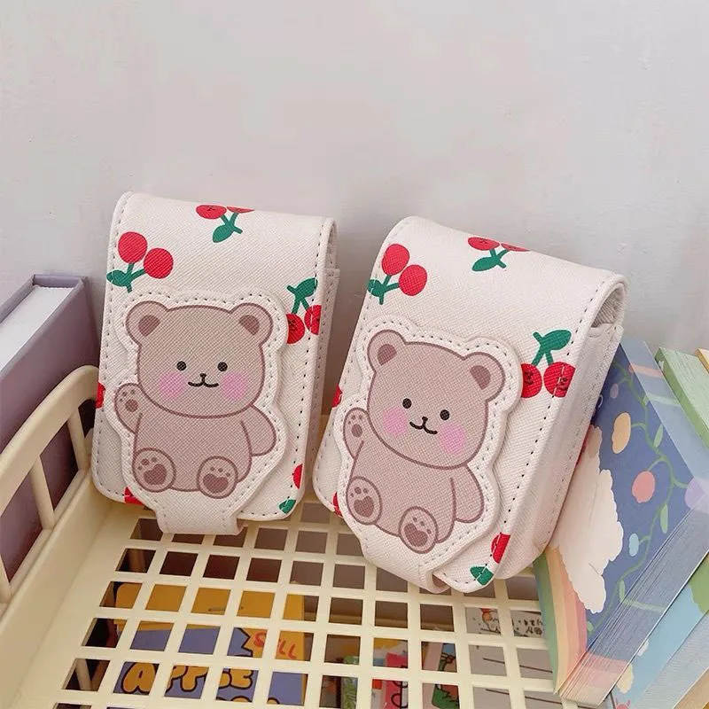 Cartoon Bear Lipstick Bag With Mirror Mini Portable Cosmetic Storage Bag Protective Cover Women Makeup Bags PU Leather Pouch