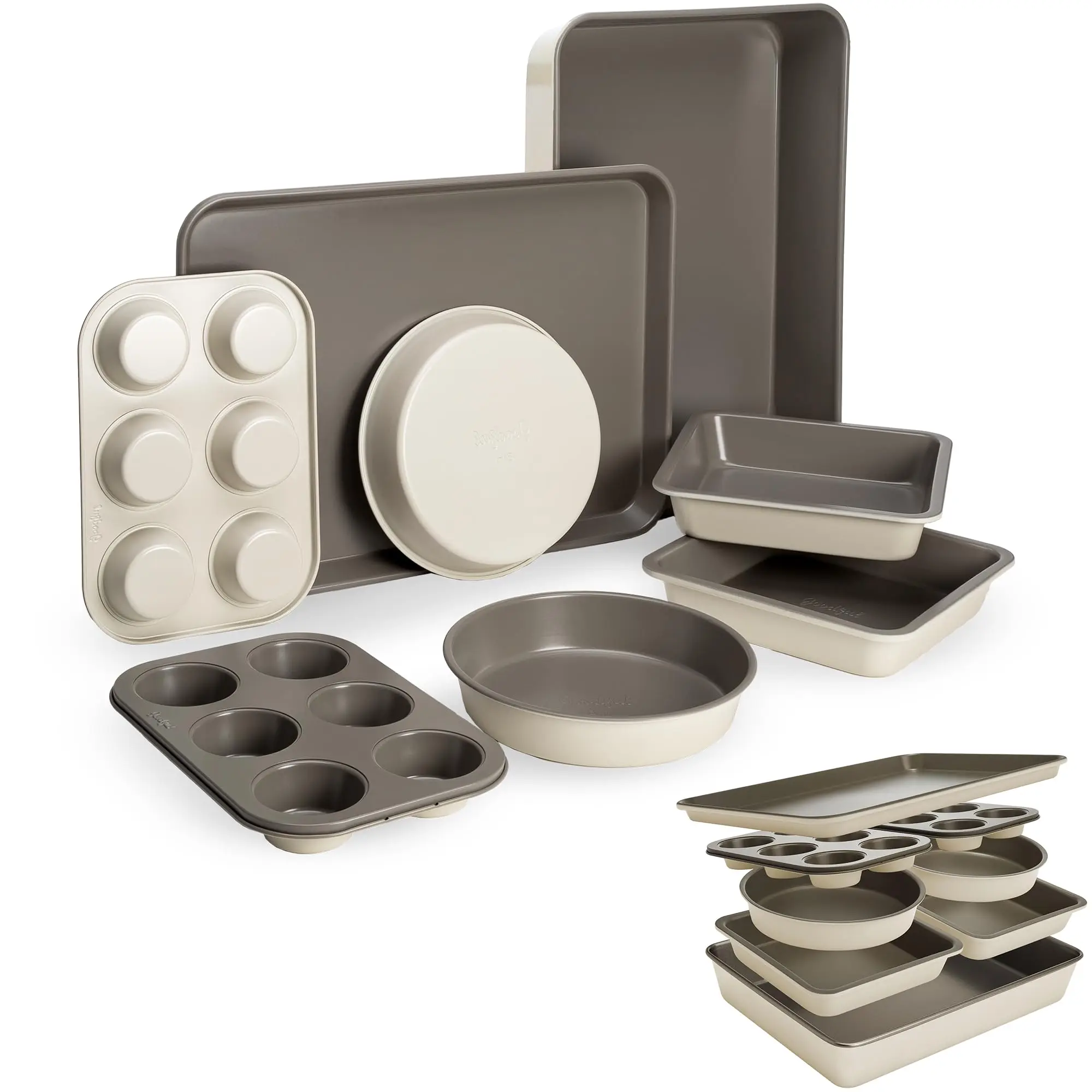 All-In-One Nonstick Bakeware Set, Stackable and Space Saving Design includes Round and Square Pans, Muffin Pans, Cookie Sheet an