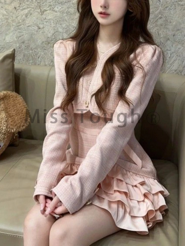 Sweet 2 Piece Dress Set Woman Pink Long Sleeve Coat + Bow Kawaii Mini Dress Female Korean Fashion Evening Party Suit 2023 Winter