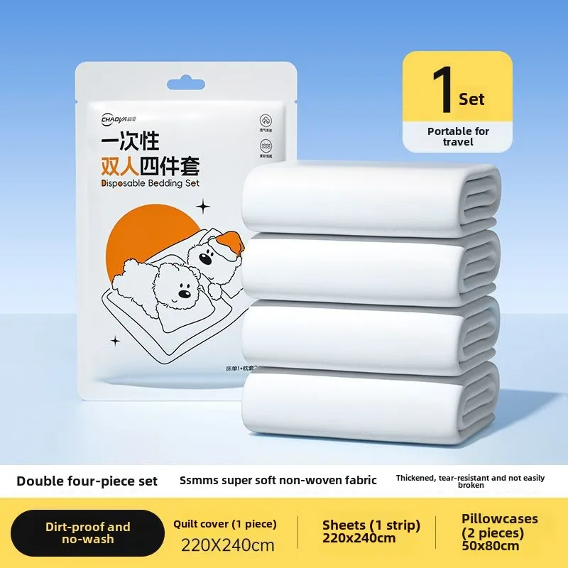 Double Thickened Enlarged Disposable Bed Sheet Set with Pillow Covers 4-Piece Hygienic Bedding for Travel Hospitals and Home Use