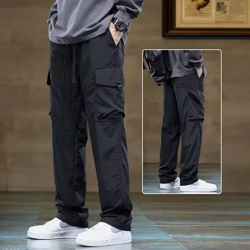 

Cargo pants men straight leg casual pants 2024 new autumn and winter drawstring multi-pocket design fashion trend pants