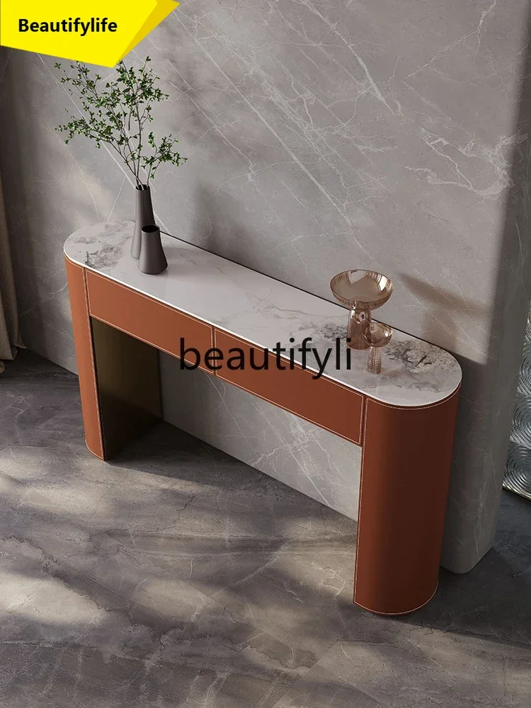 Light luxury secret cabinet, saddle leather, living room for home use, modern front door against the wall rock slab side