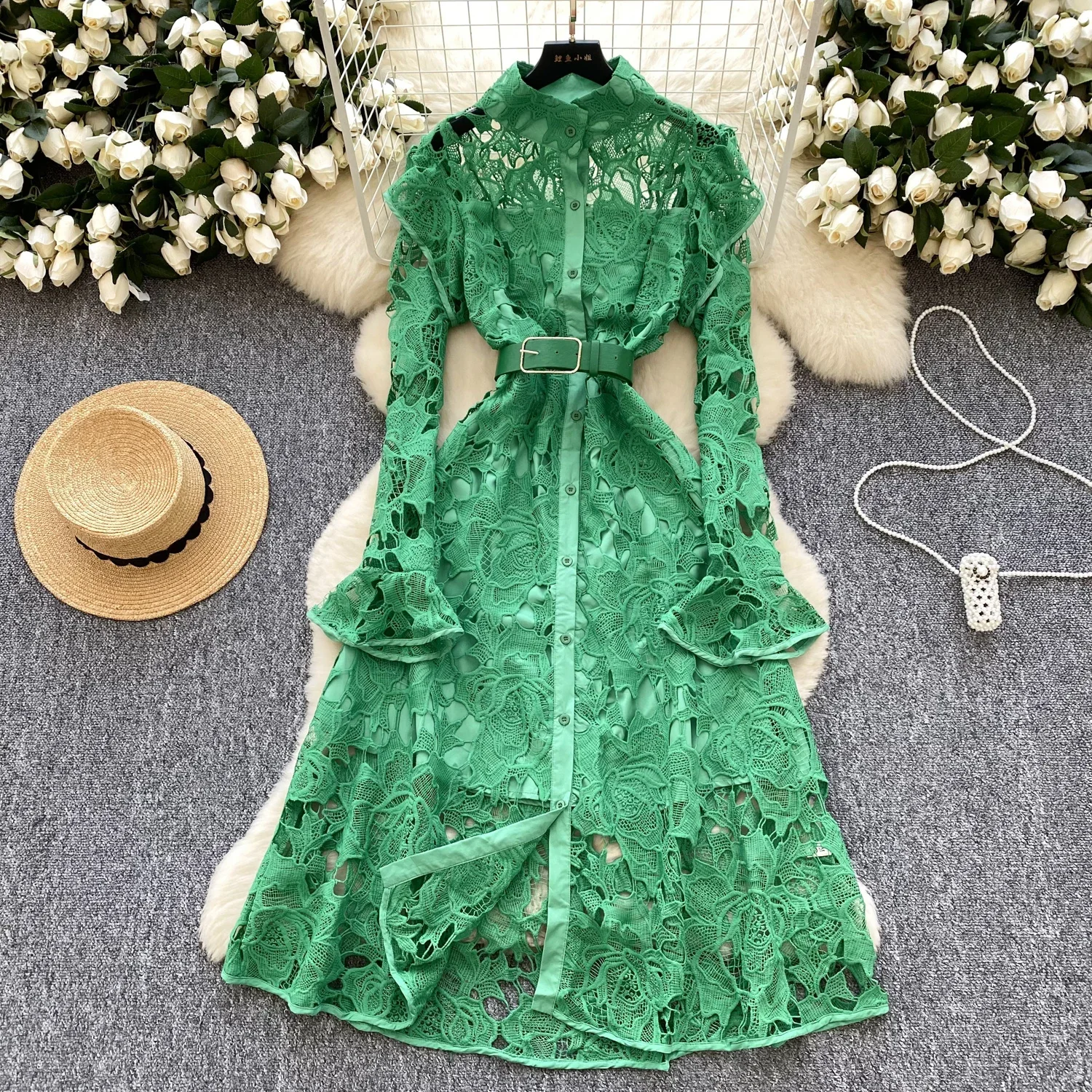 Elegant Flare Sleeves Vintage Stand Collar Chic Hollow Out Hook Flower Slim Dresses Evening High Street Autumn Winter Clothing