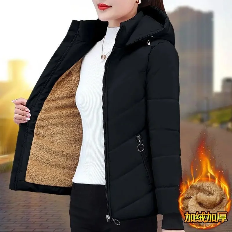 2025 New Women Add Velvet Cotton Jacket Female Winter Fleece Warm Hood Fashion Coat Ladies Down Padded Jackets