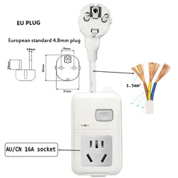 Power Strip Europe use AU/CN China Electrical 16A Plug Adapter Extension Cord Socket with Button Switch EU Plug to AU Socket