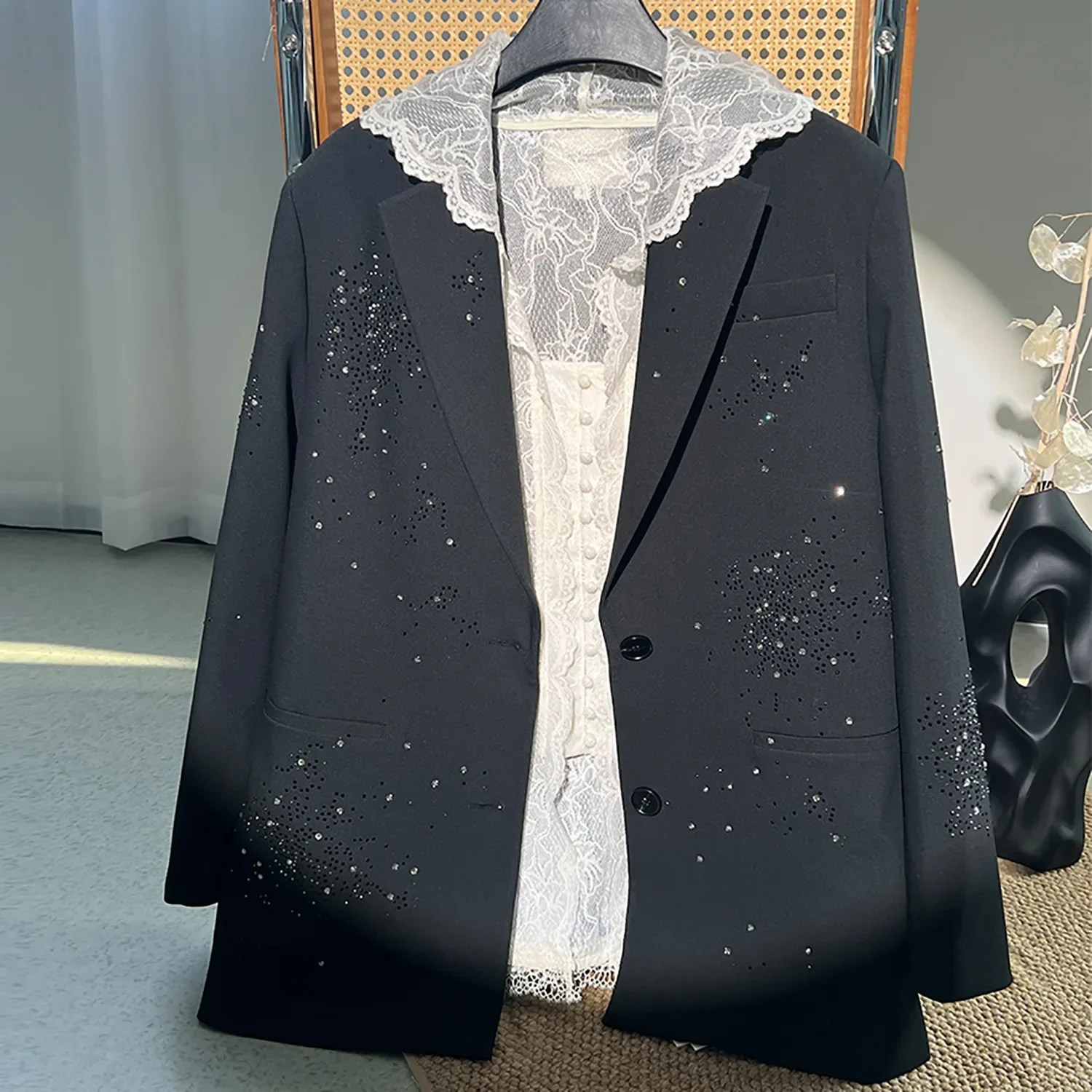 Loose Black Blazer Jacket for Women, Lazy Style, Elastic Drape, Diamond Beaded, High-end, Medium Long Suit, Oversized Coat, 2024