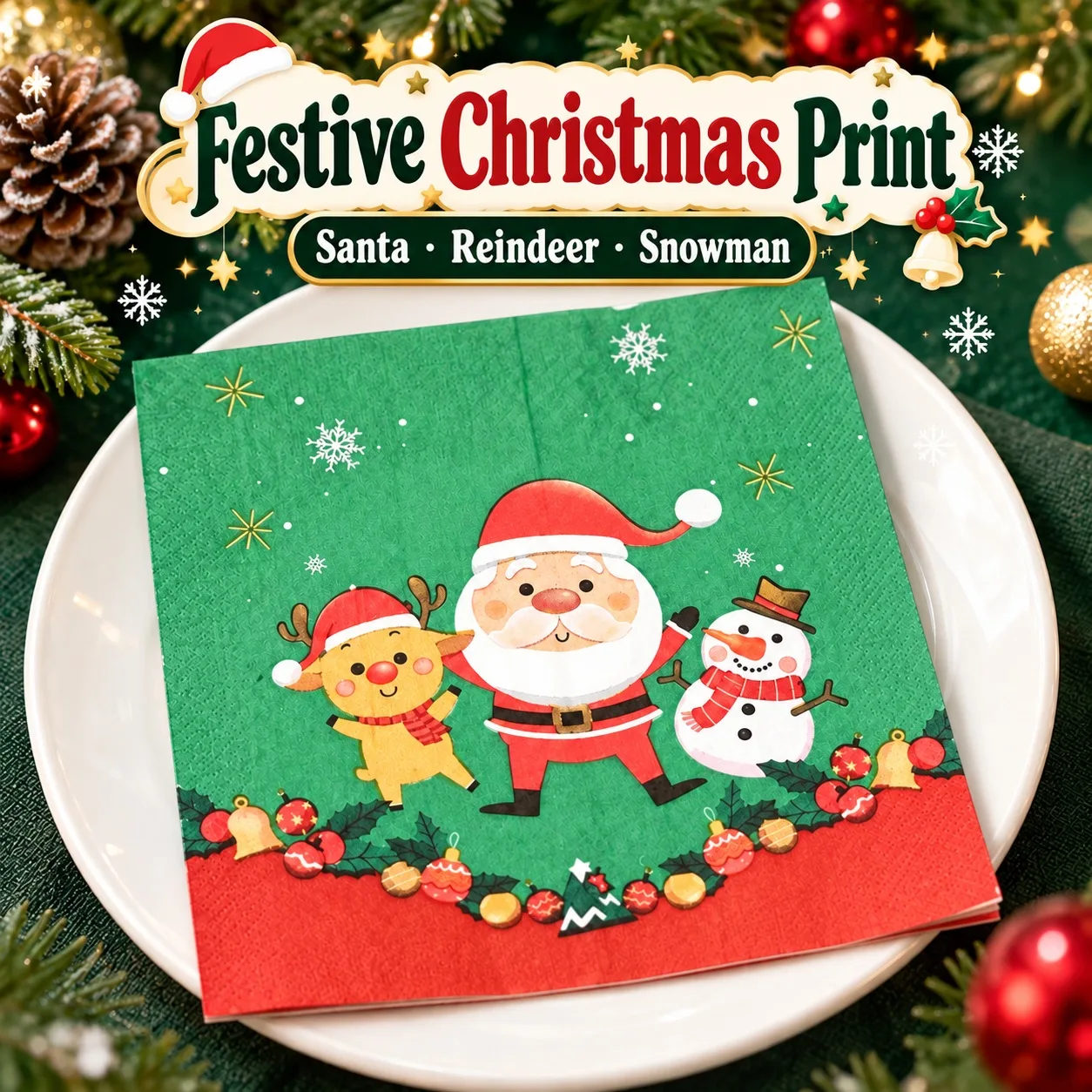 20pcs Christmas Paper Napkins Santa Reindeer Snowman 2-Ply 33x33cm Green Printed Serviettes for Holiday Party Table Decor