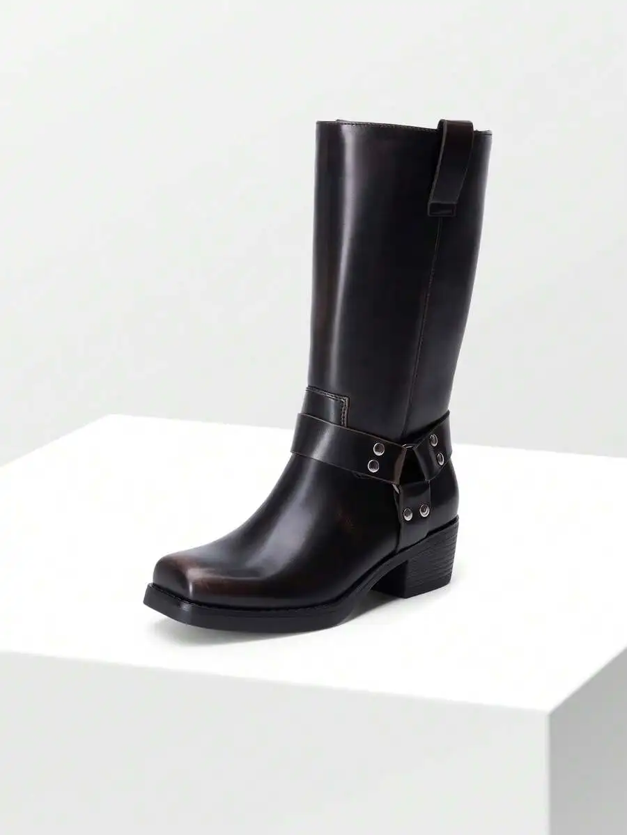 Women's Motorcycle Boots Fashion Casual Slip-On Buckle Square Toe Western Chunky Autumn & Winter Tall Boots For Festival Dress