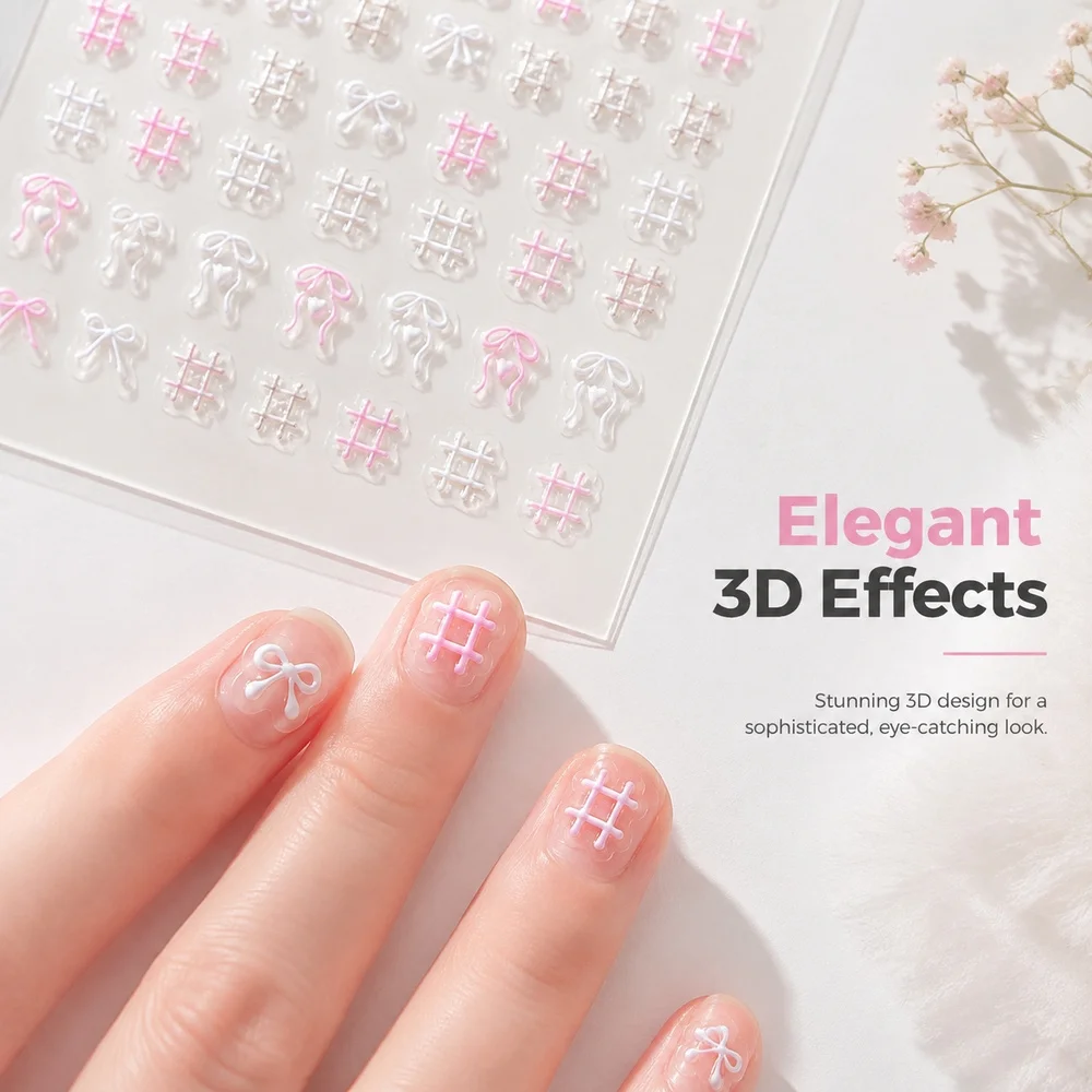 1Pc Romantic Love Heart Nail Decals Raised Pink White Check Mini Ribbon Bow Waterproof Self Stick Valentine Party Nail Sticker
