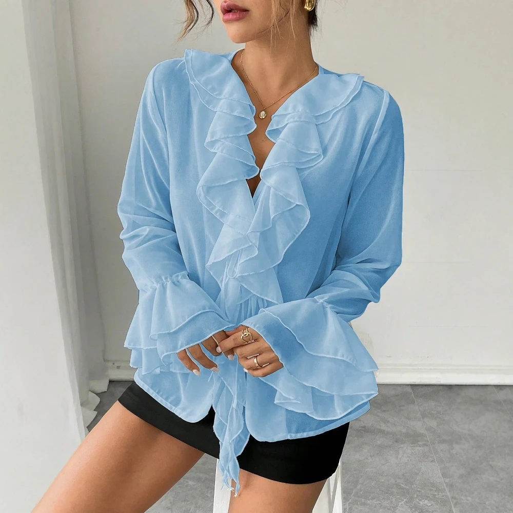 

Mia Muse Boutique 2025 Women's Shirts Autumn Daily Basic Solid Color Long Sleeve V-Neck Flounce Lace-Up Sophisticated Shirts