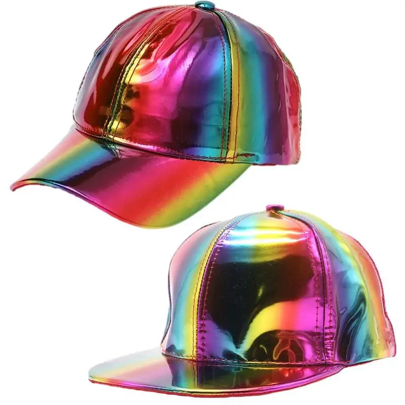 

Cosplay Replicas Shining Holographics Caps Adjustable Hip Hop Flat Brim Baseball Caps Reflective Snapback Hat For Rave Cosplay