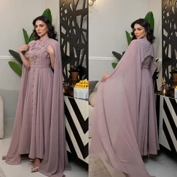 Customized Evening Saudi Arabia Chiffon Button Draped Beading Homecoming A-line O-Neck Bespoke Occasion Gown Midi Dresses