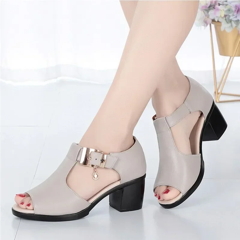 Summer 2024 New Fish Mouth Fashion Casual Mom Block Heel Buckle Dance Women Sandals Women\'s Shoes Sandalias De Mujer