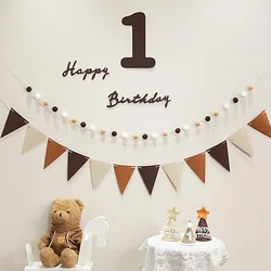 Happy Birthday Party Decor Brown Happy Birthday Banner Hairball String Hanging Flag Pulling Flower Felt Digital Kid Party Decor