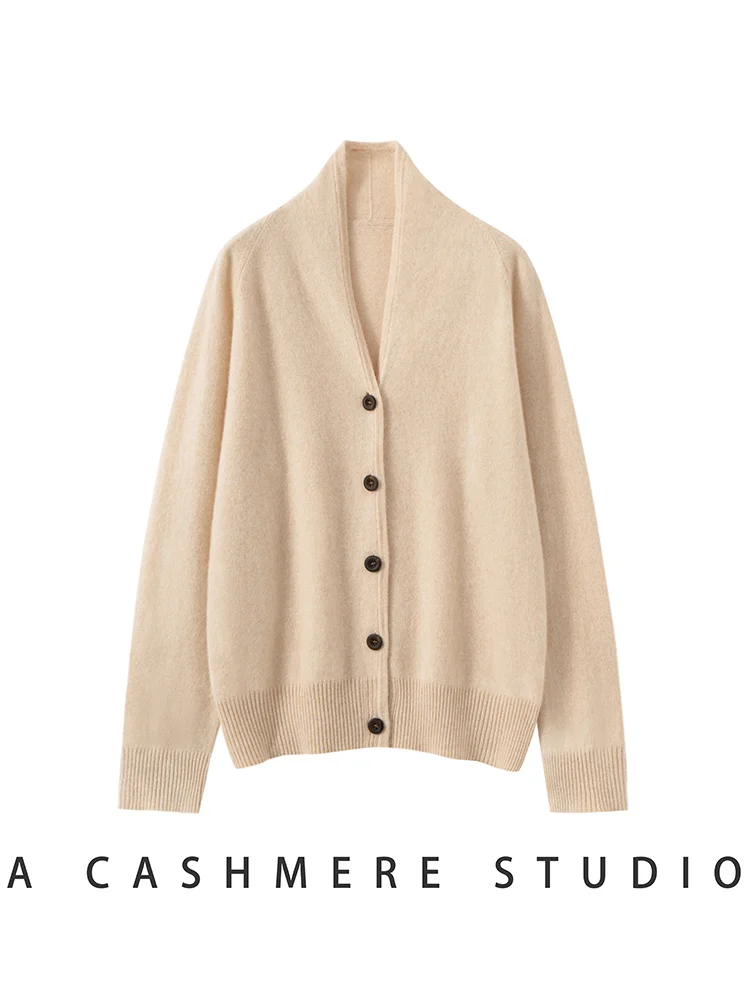 

CHICUU Autumn Winter Women's 100% Cashmere Knitted Cardigan Coat Ruffled Collar Long Sleeve Cardigan Office Lady Grace Clothes