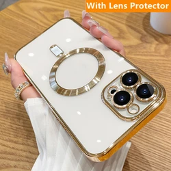 Luxury Magnetic Wireless Charging Case For Magsafe For iPhone 15 14 13 12 11 Pro Max Plus Transparent Plating Silicone Soft Case