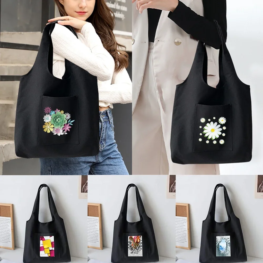 

Trendy Shopping Bags Foldable Ladies Canvas Shoulder Bags 3D Printed Student Shopper Bags Travel Totes Work Handbag