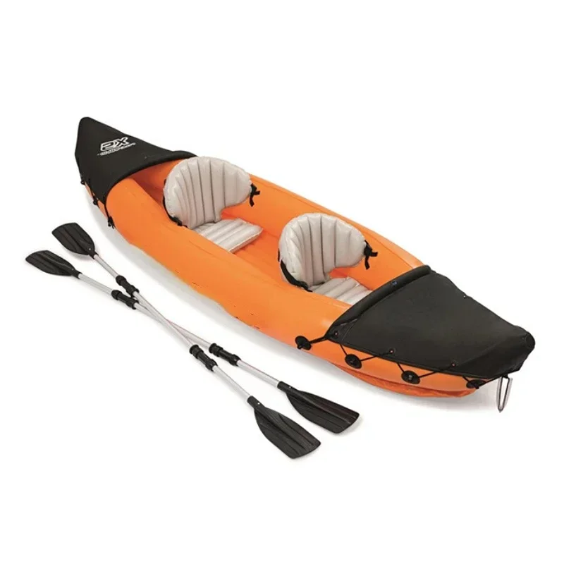 Barco de pesca de deportes acuáticos portátil naranja con bomba de aire de paleta y bolsa para 2 personas, kayak inflable de 321 por 88cm