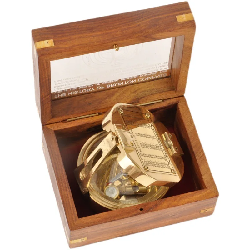 

Western Style Value Gold Brass Pure Copper Marine Sundial Compass with Level Retro Soft Suit for Boy Gift