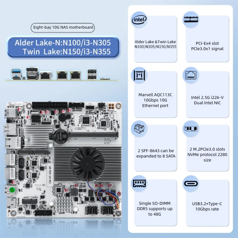 CWWK eight-slot 10G NAS motherboard N150/N305/N355 / dual 2.5G network card + 10G/10G port / single DDR5 + dual NVME NAS
