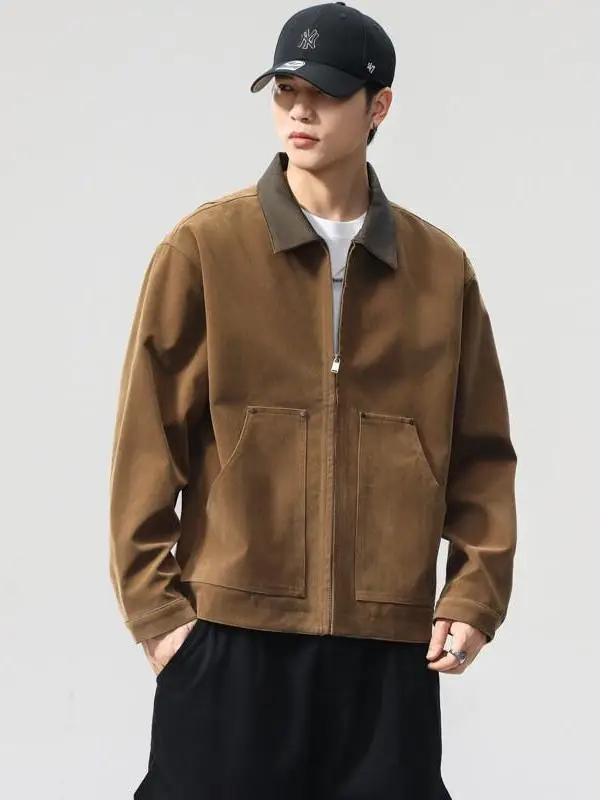 Свободная повседневная куртка из искусственной кожи контрастного цвета, рабочая одежда с лацканами, осеннее новое мужское пальто на молнии