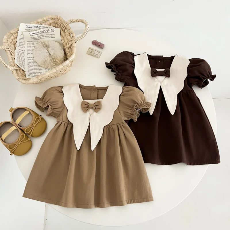 

Girls' Summer Dress in College Style, Toddler's Fashionable Summer Dress, Baby Girl's Doll Collar Short Sleeve Vintage Princess