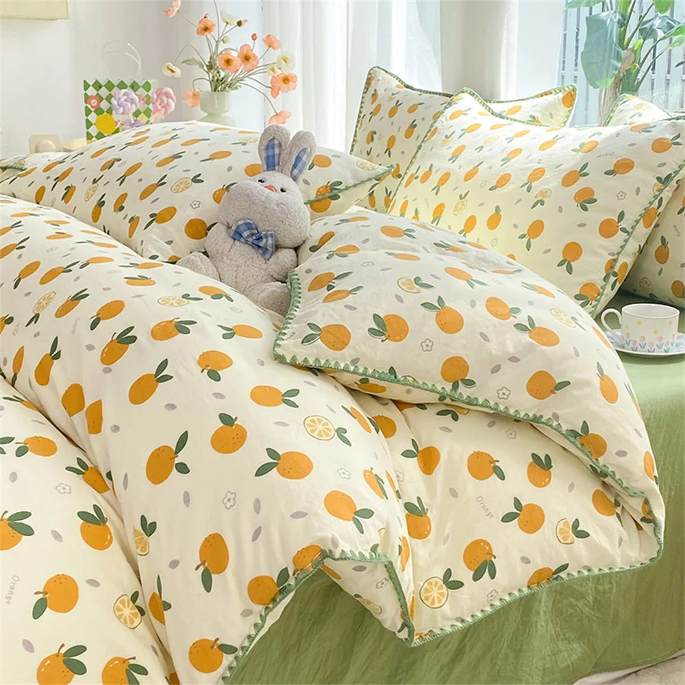 

Ins Orange Bedding Sets Spring Duvet Cover Bed Sheet Pillowcases Soft Washed Cotton For Girl Kids Single Size Cute Bedspread