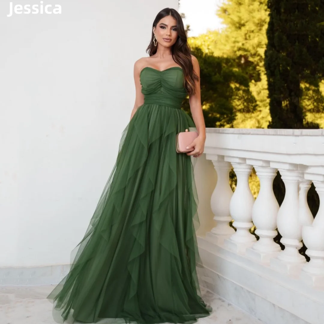 

Jessica Green Ruffles Prom Dresses Women's Strapless Tulle Evening Dresses Wedding Formal Occasions Party Dress فساتين سهرة