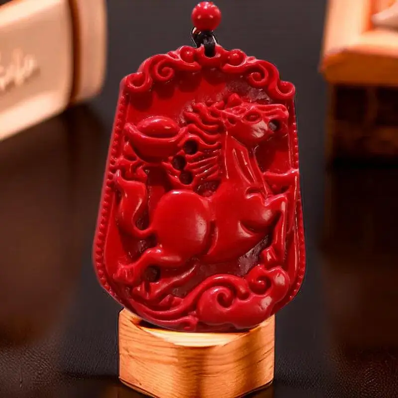 

Cinnabar Horse Pendant Vintage Accessories Red Gift Carved Charm Jewelry Men Amulet Talismans Energy Gemstone Stone Luxury Real