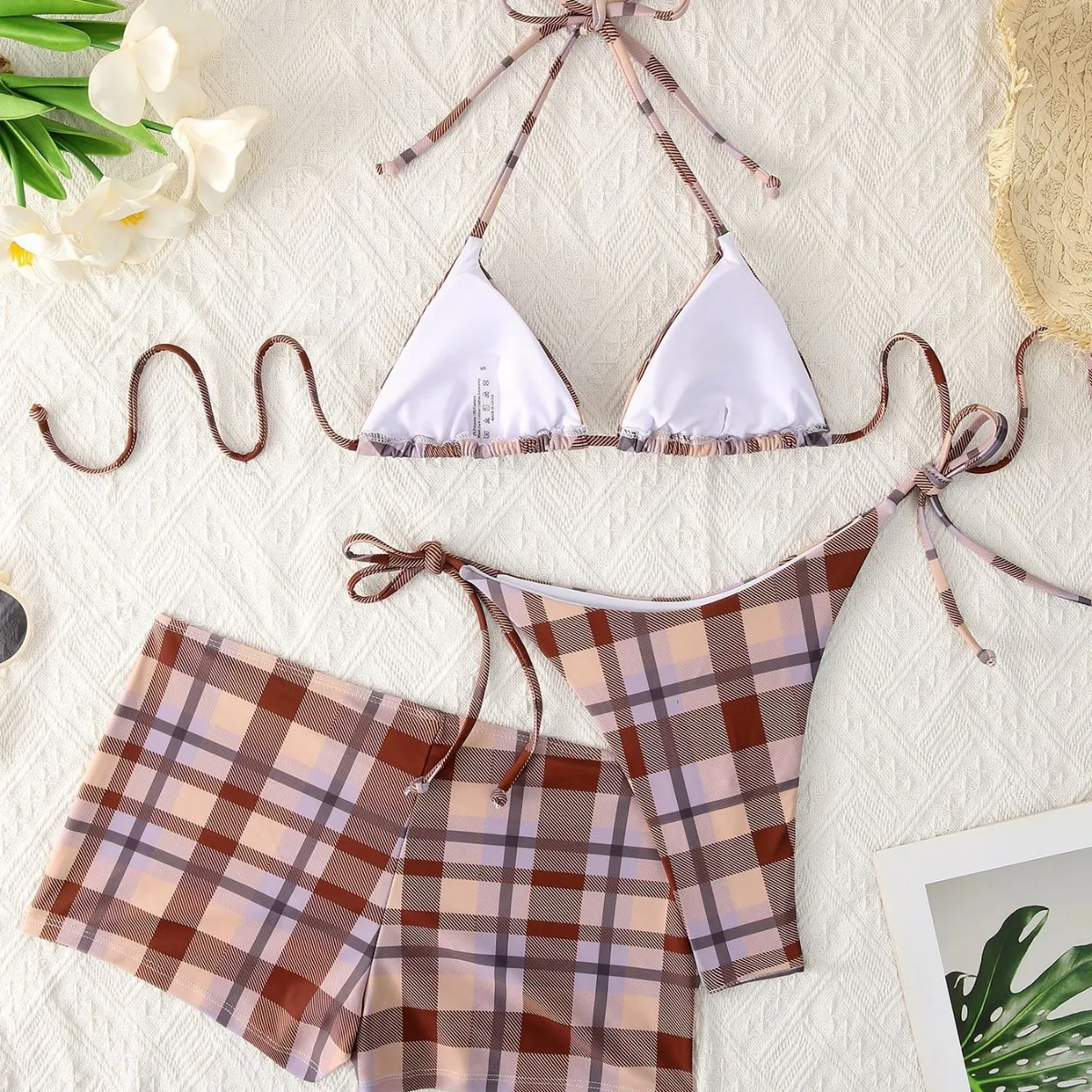 New Retro College Style Brown Purple Plaid High Elastic Neck Sexy Triangle Cup Bikini Plus Boxers Three-piece Set TK450