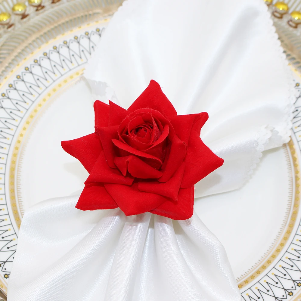 6Pcs Wedding Decoration Artificial Rose Flower Napkin Rings for Valentine\'s Day Bridal Shower Birthday Party Home Decor HWW01