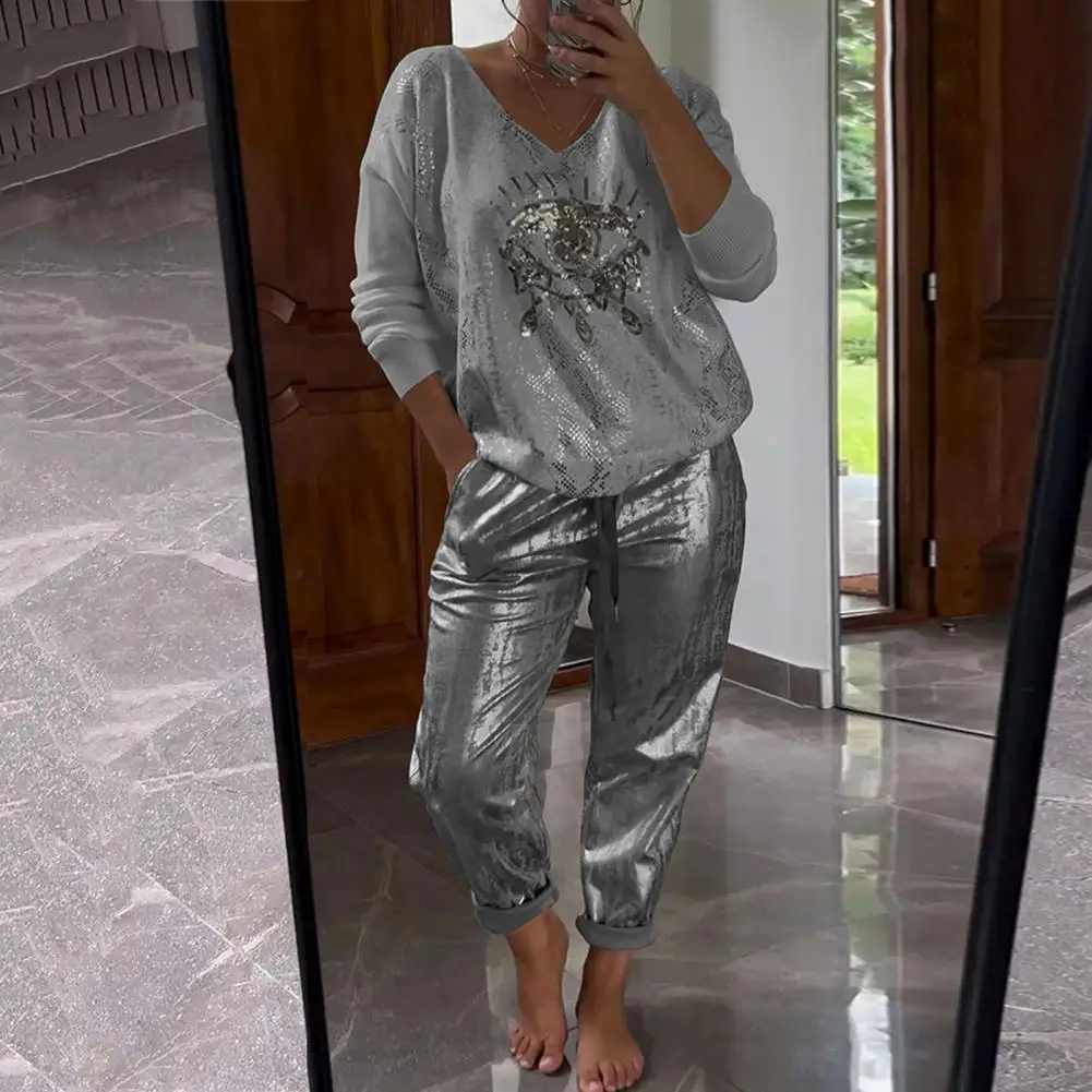 

Gold Shining Eye Print Women 2 Piece Set Spring Long-sleeved V Neck Top Pullover+Bronzing Pants Outfit Summer Lace-up Loose Suit