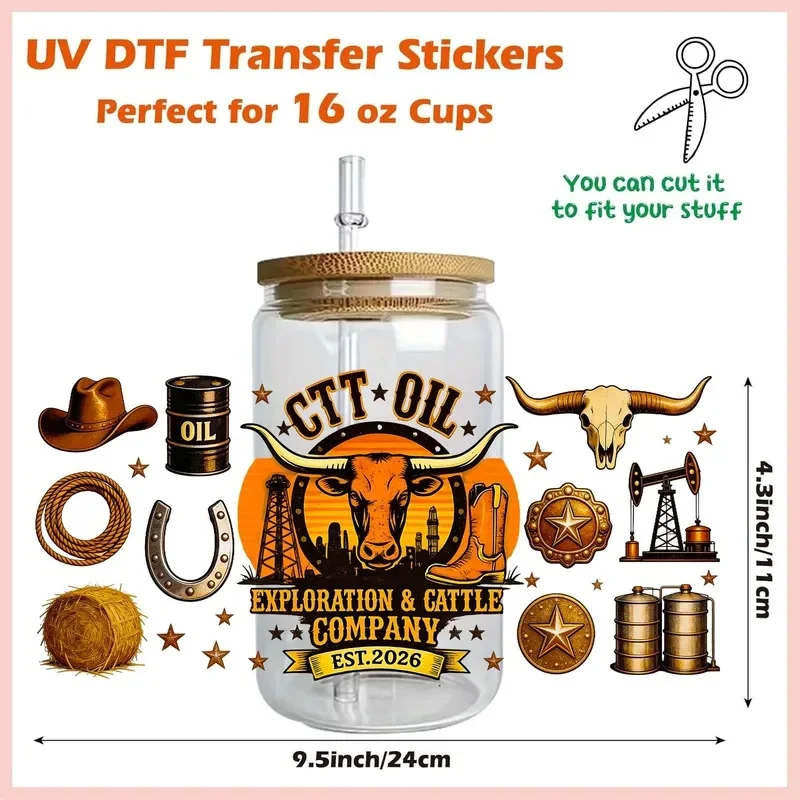 Texas Lifestyle Cowboy Up 16oz  Rub On UV DTF Sticker Waterproof DIY Decals 3D Transfers UVDTF Sticker 16oz UV DTF Cup Wraps