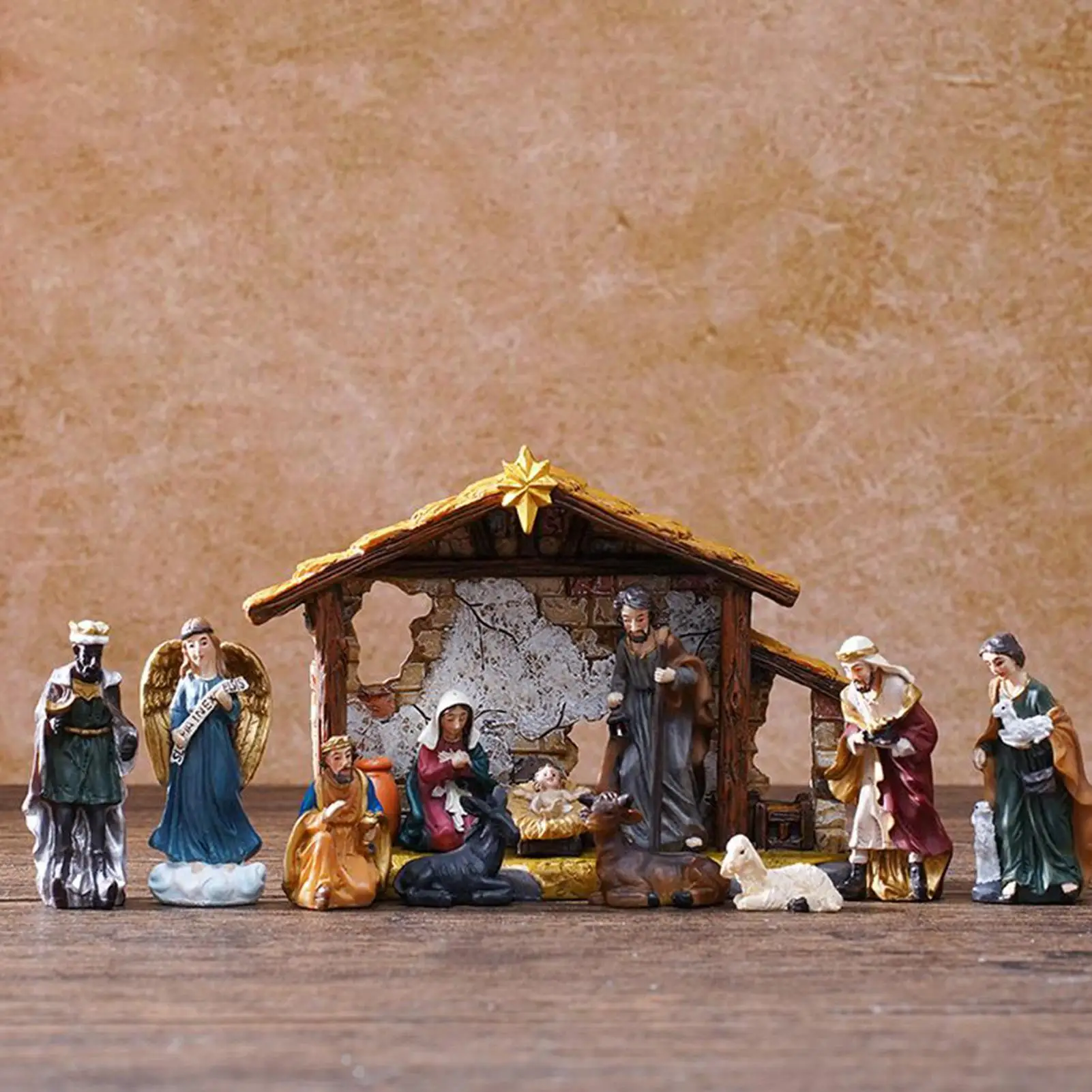 Juego de Natividad de resina, pesebre navideño religioso, juego de estatuillas de Natividad para estantería, entrada, chimenea, alféizar de ventana
