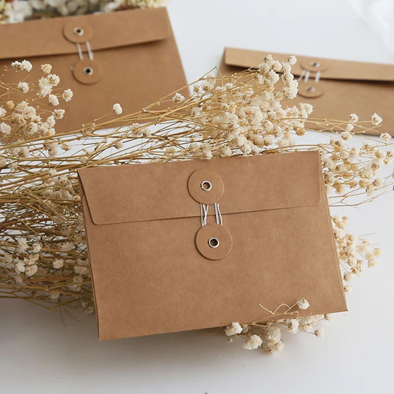 10pcs Vintage Corded Envelope Floder Kraft Paper Bags 17*11.5cm Thank You Letter Handmade Jewelry Gift Packaging Storage