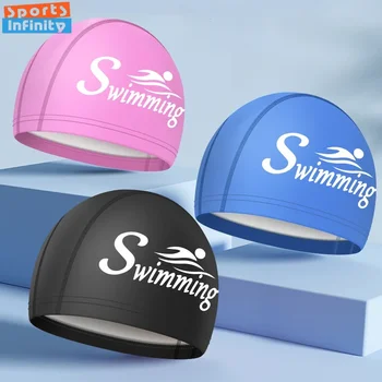 여성을위한 패션 수영 모자 남성 대형 긴 머리 귀 보호 수영 모자 PU 방수 편지 인쇄 수영 모자