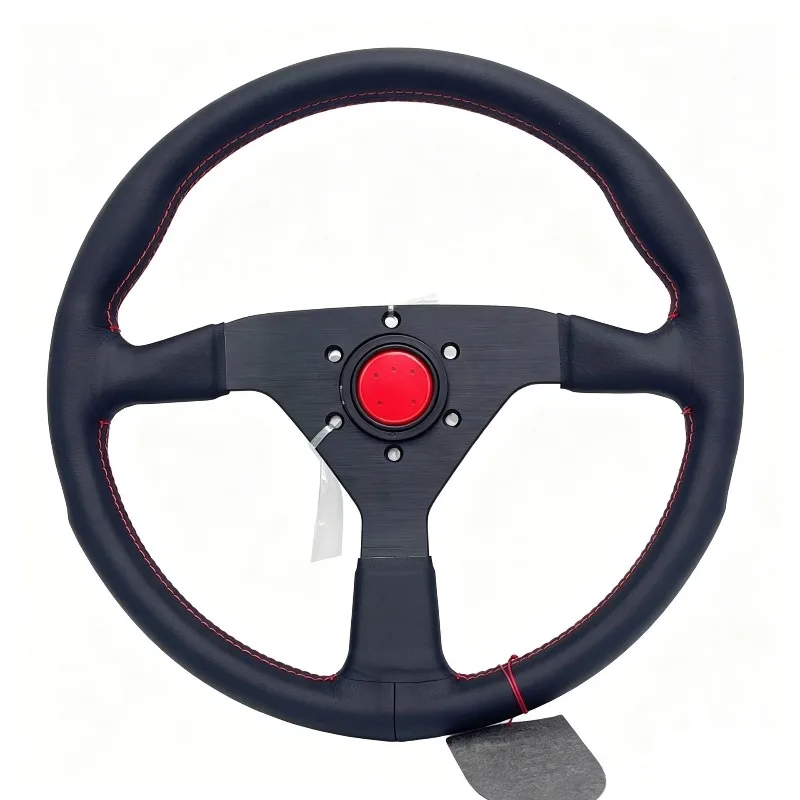 14 Inch Leather Racing Steering Wheel Flat Red Double Stitch 3 Spoke 70mm PCD Universal Modified Race Drifting Auto Car Interior