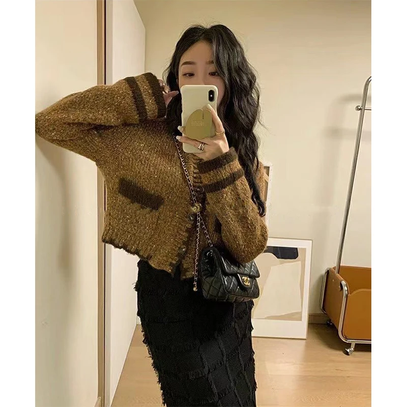 Vintage Knitted Cardigan Women Elegant Cropped V Neck Sweater Coat Sweet Korean Patchwork Short Knitwear Casual Jumpers Tops New