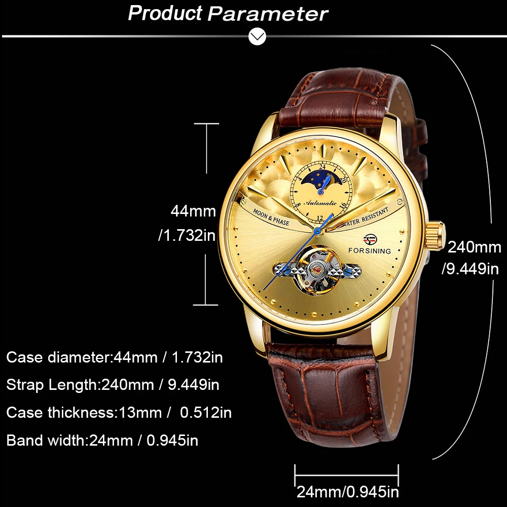 FORSINING Fashion Luxury Mens Automatic Skeleton Mechanical Watch Moon Phase Design Tourbillon Leather Strap Business Wristwatch