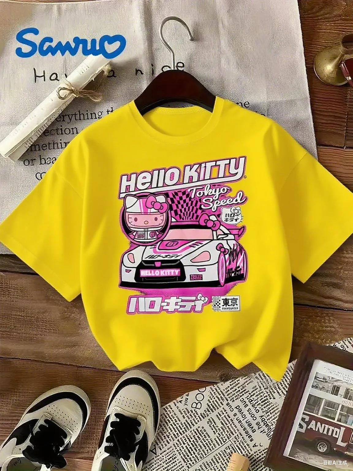 Camiseta casual de algodão com Sanrio Hello Kitty Racing Kitty com detalhes de carro e velocidade de Tóquio estampados conforto de algodão puro