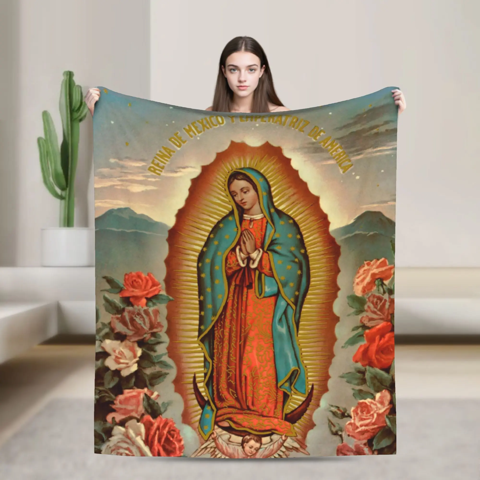 Our Lady of Guadalupe Mexican Virgin Mary Blanket Cover Flannel Christian Catholic  Warm Throw Blankets for Bedroom Sofa Bed Rug
