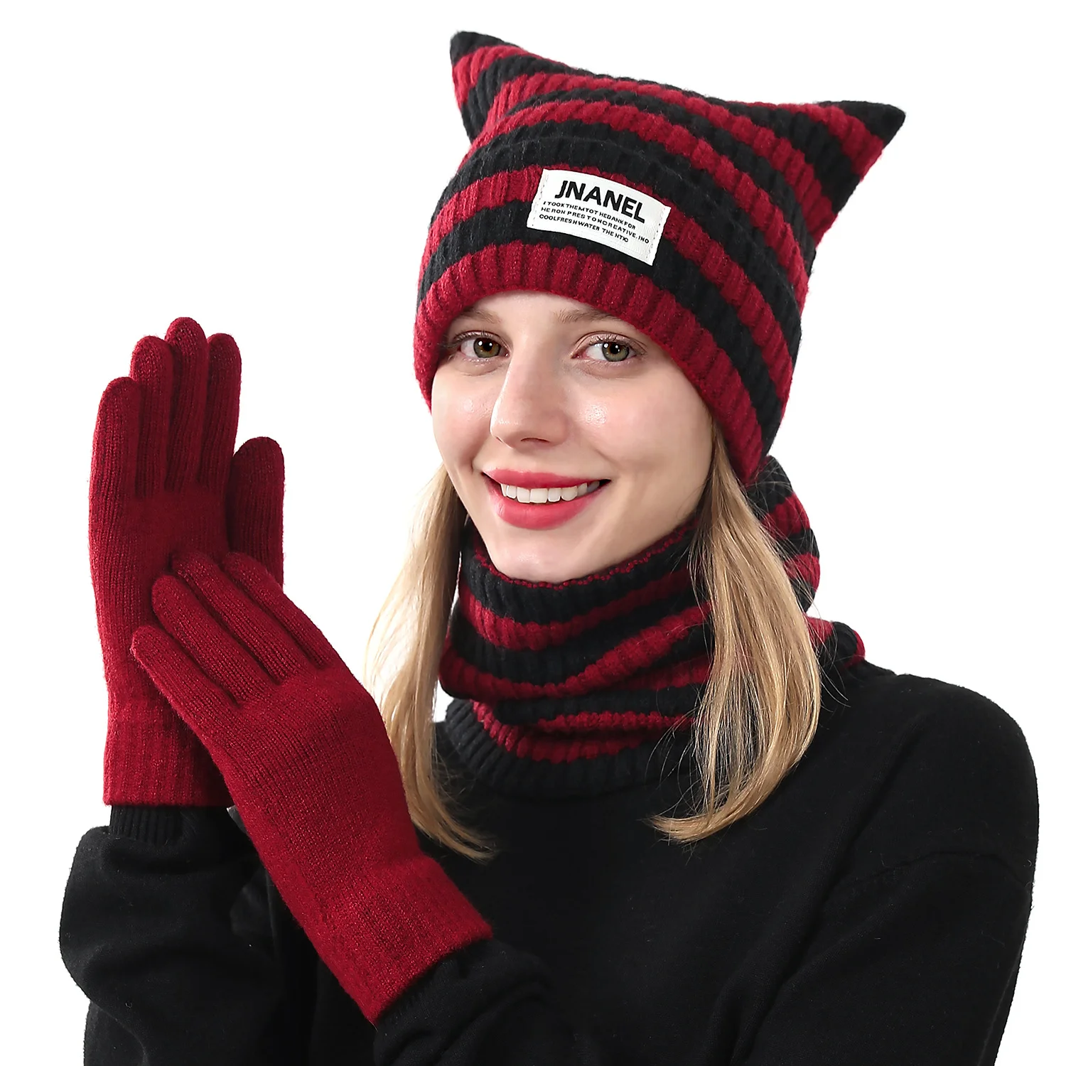 متماسكة قبعة وشاح قفازات 3 قطعة مجموعة موضة جديدة مخطط محبوك قبعة للنساء شتاء دافئ لطيف آذان القط تنوعا محبوك دعوى